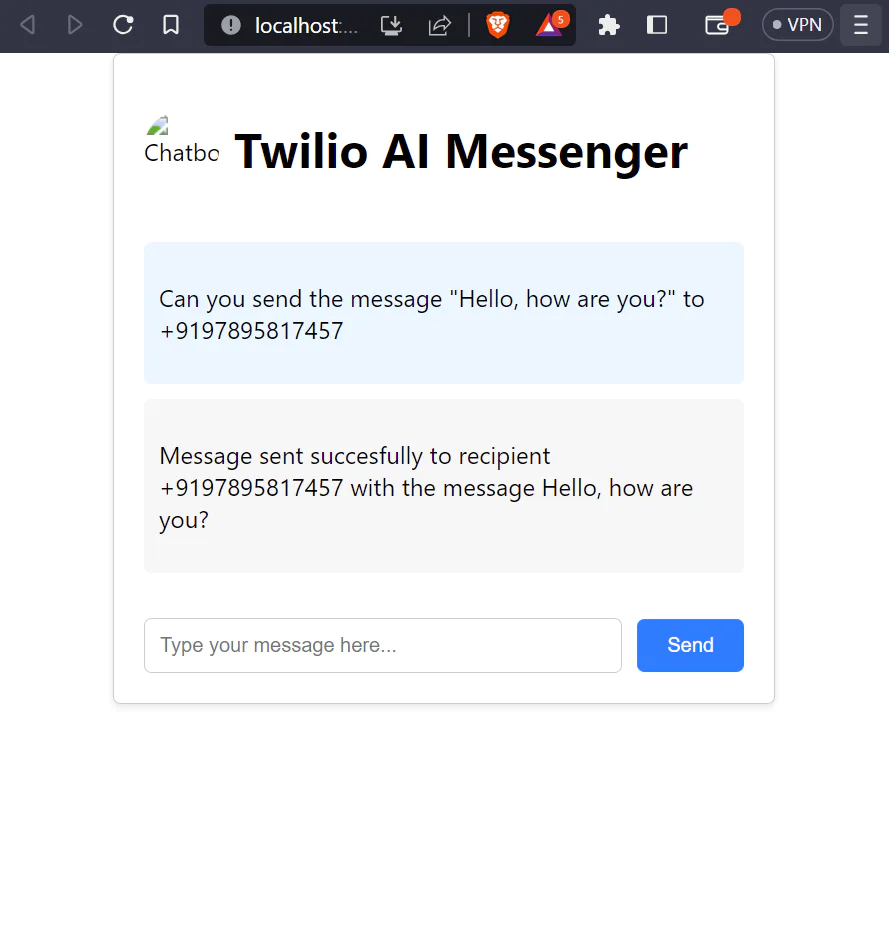 The image displays the Twilio AI Messenger chatbox. There is a bar to type in your message and a Send button to send it.