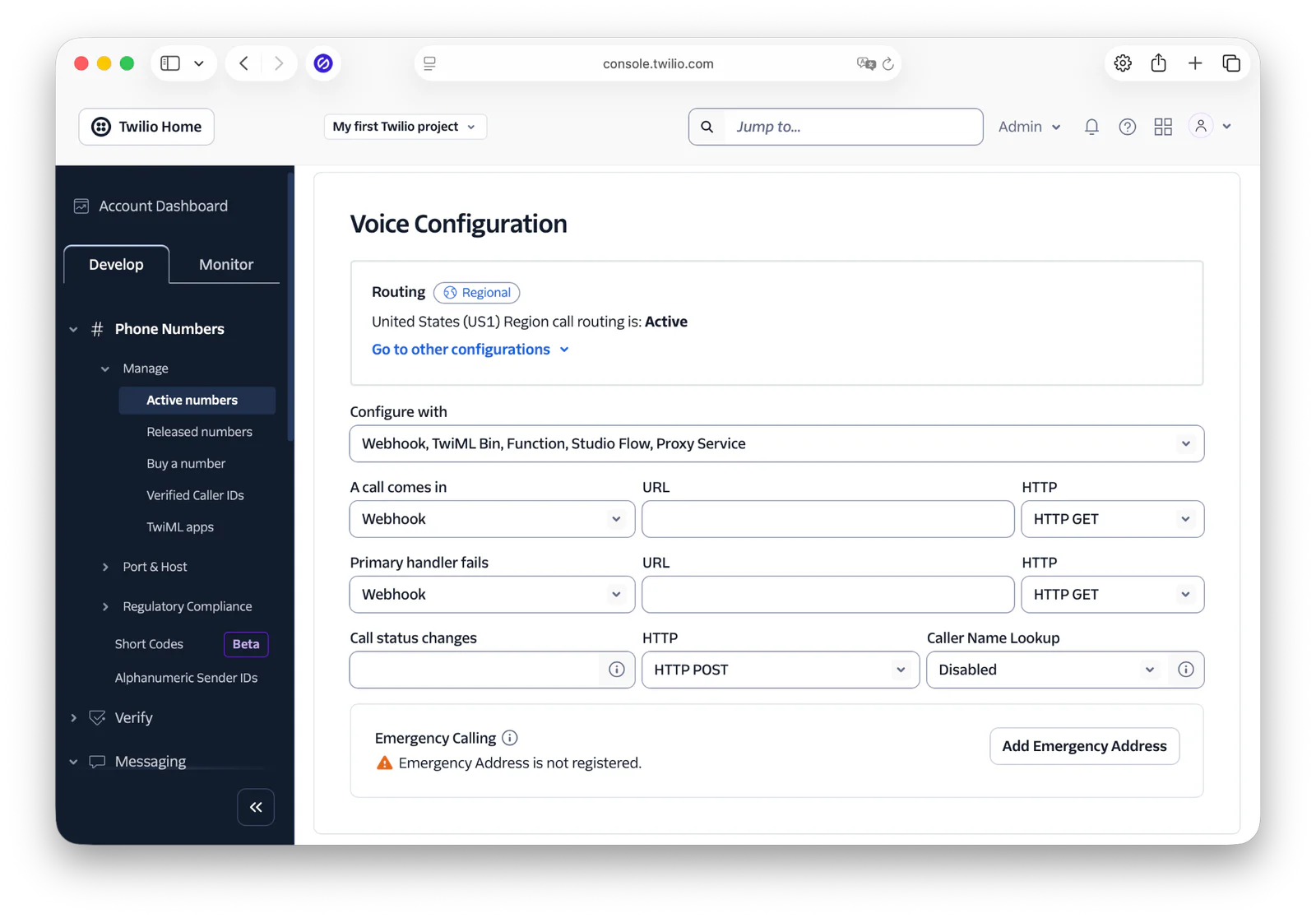 Screenshot of Twilio's Voice Configuration settings page showing call routing and webhook options.