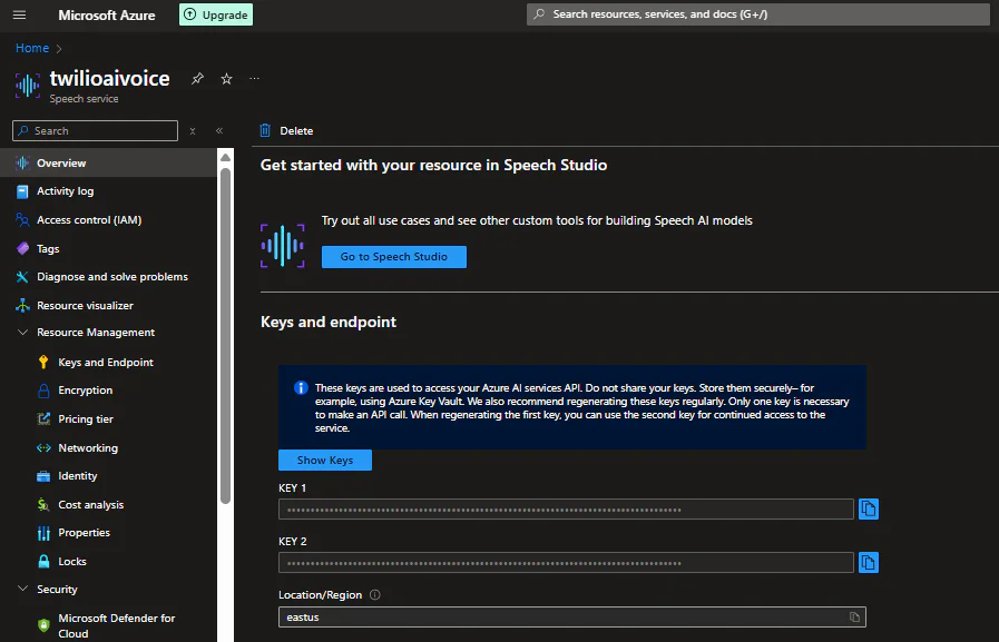 Screenshot of the Microsoft Azure Speech Studio interface showing keys and endpoint information. Screenshot of the Overview page of a Speech service on the Microsoft Azure portal.