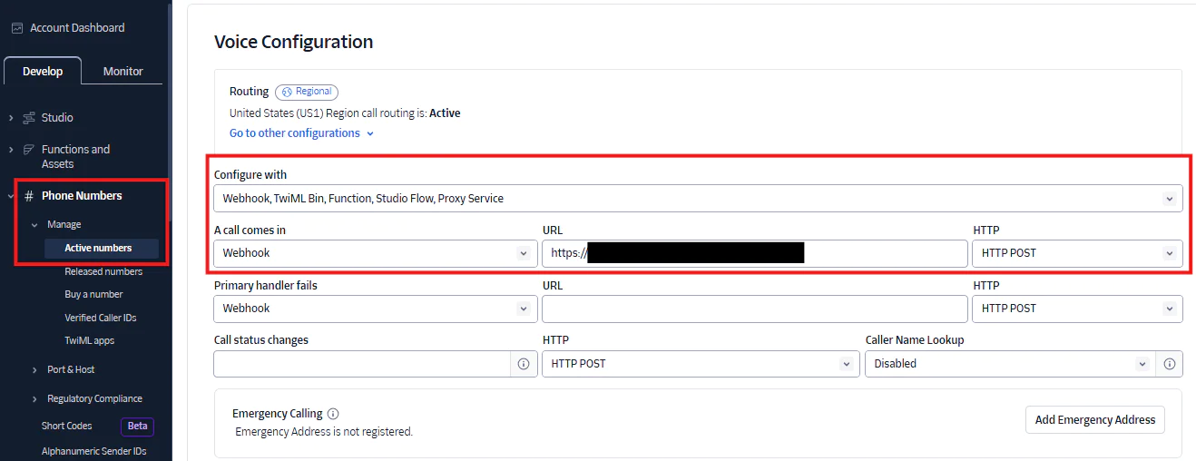 Screenshot of voice configuration panel with webhook setup and routing options in the dashboard. Screenshot of Twilio console showing voice configuration for a Twilio number.