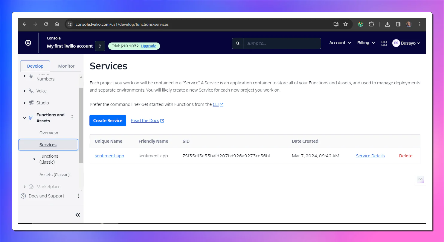 Twilio services page for creating Twilio functions
Twilio services page for creating Twilio functions
