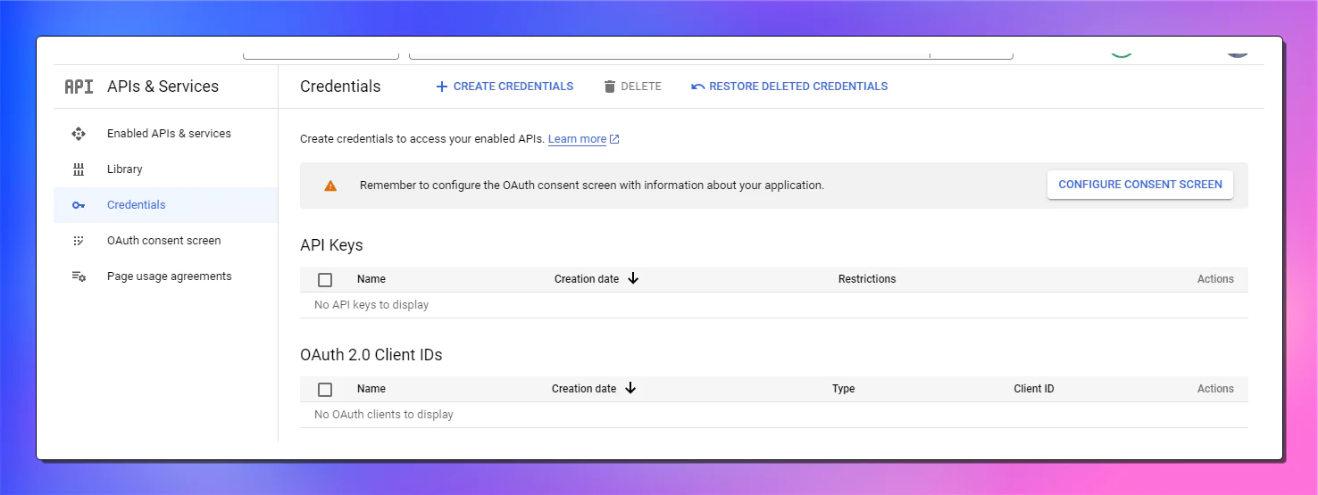 Google sheet credentials page