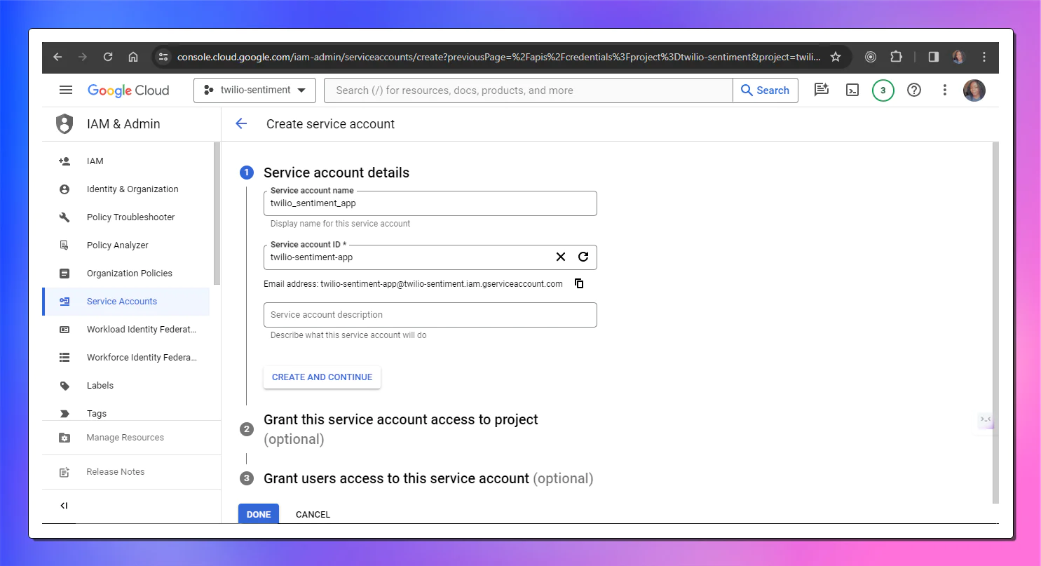 Google sheets form page for creating a service account.