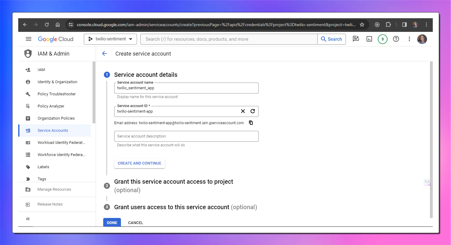 Google sheets form page for creating a service account. Google sheets form page for creating a service account.