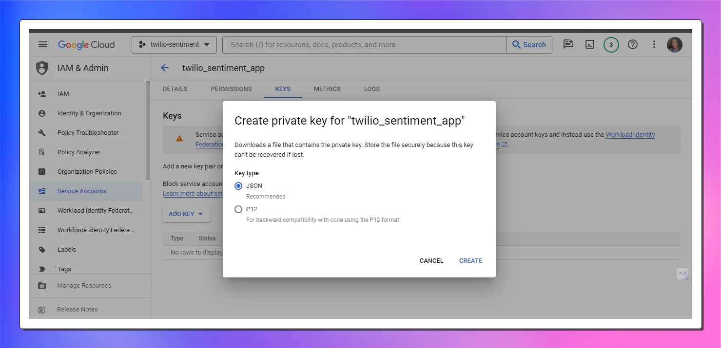 A modal in google sheet for creating a private key, with the JSON option selected as the key type