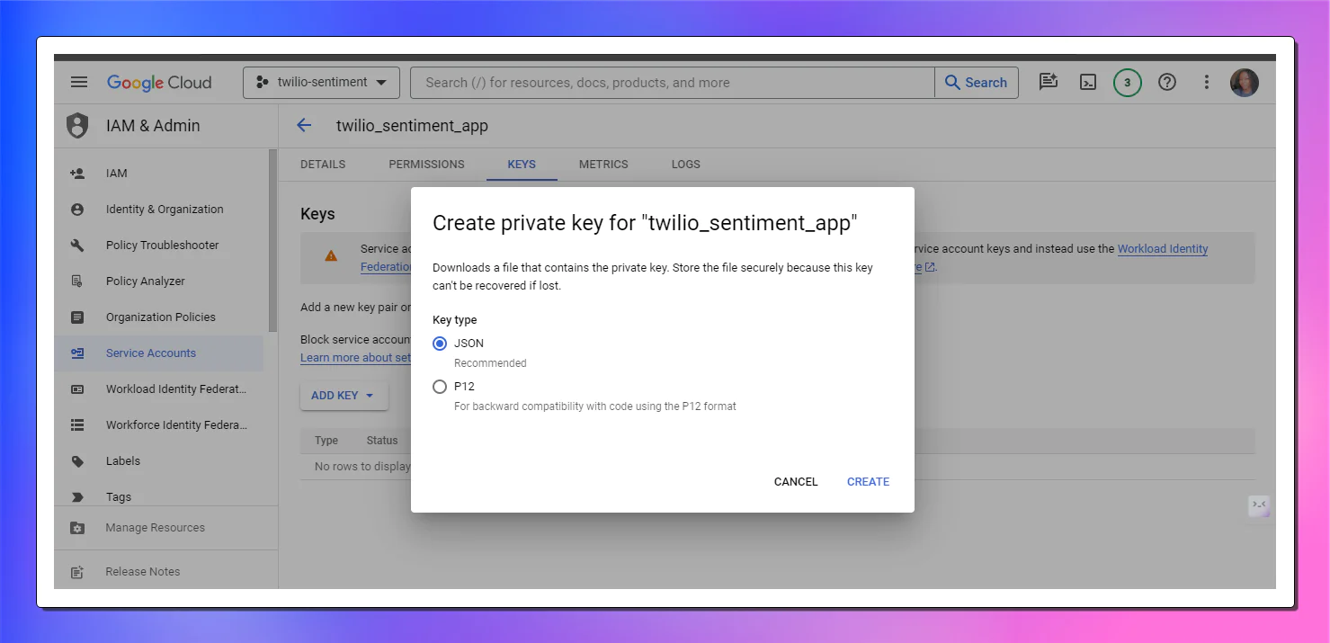 A modal in google sheet for creating a private key, with the JSON option selected as the key type A modal in google sheet for creating a private key, with the JSON option selected as the key type