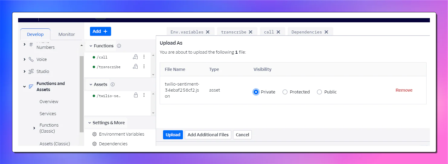 Twilio functions editor page showing options to create a new asset. The visibility option is set to private.