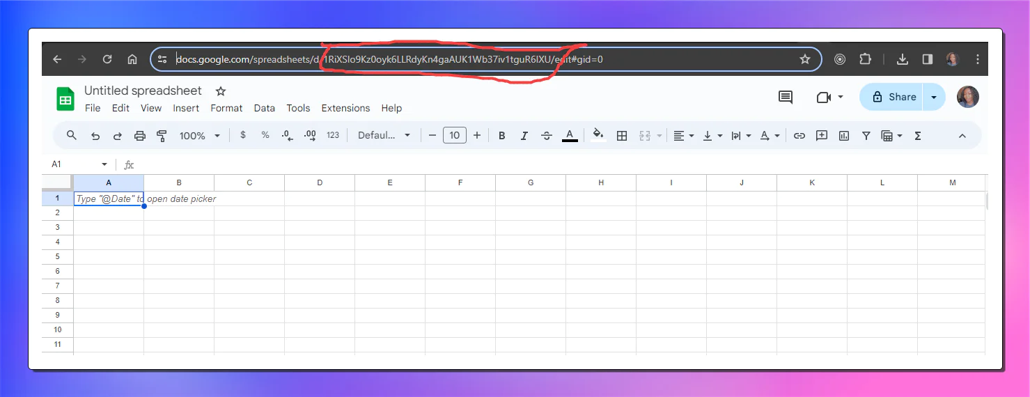 Google spreadsheet page with the Google sheet ID circled. The Google sheet ID is found after /spreadsheet/d
