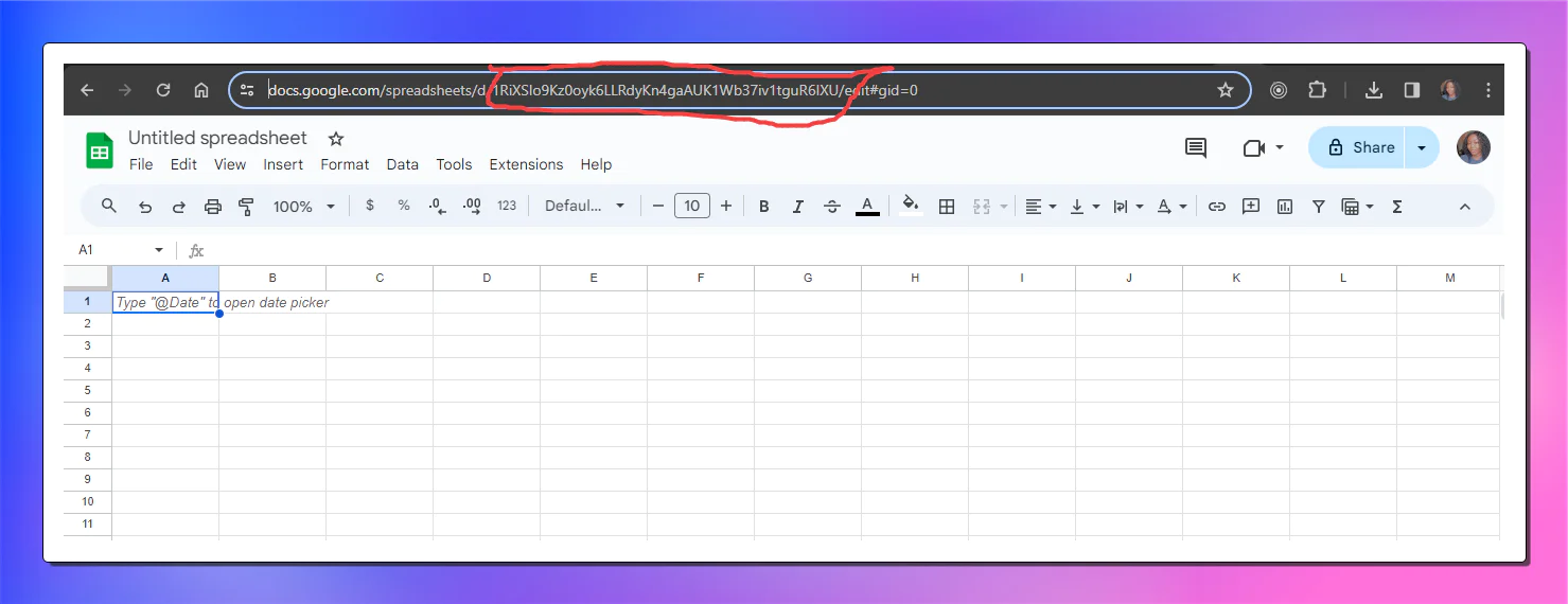 Google spreadsheet page with the Google sheet ID circled. The Google sheet ID is found after /spreadsheet/d Google spreadsheet page with the Google sheet ID circled. The Google sheet ID is found after /spreadsheet/d
