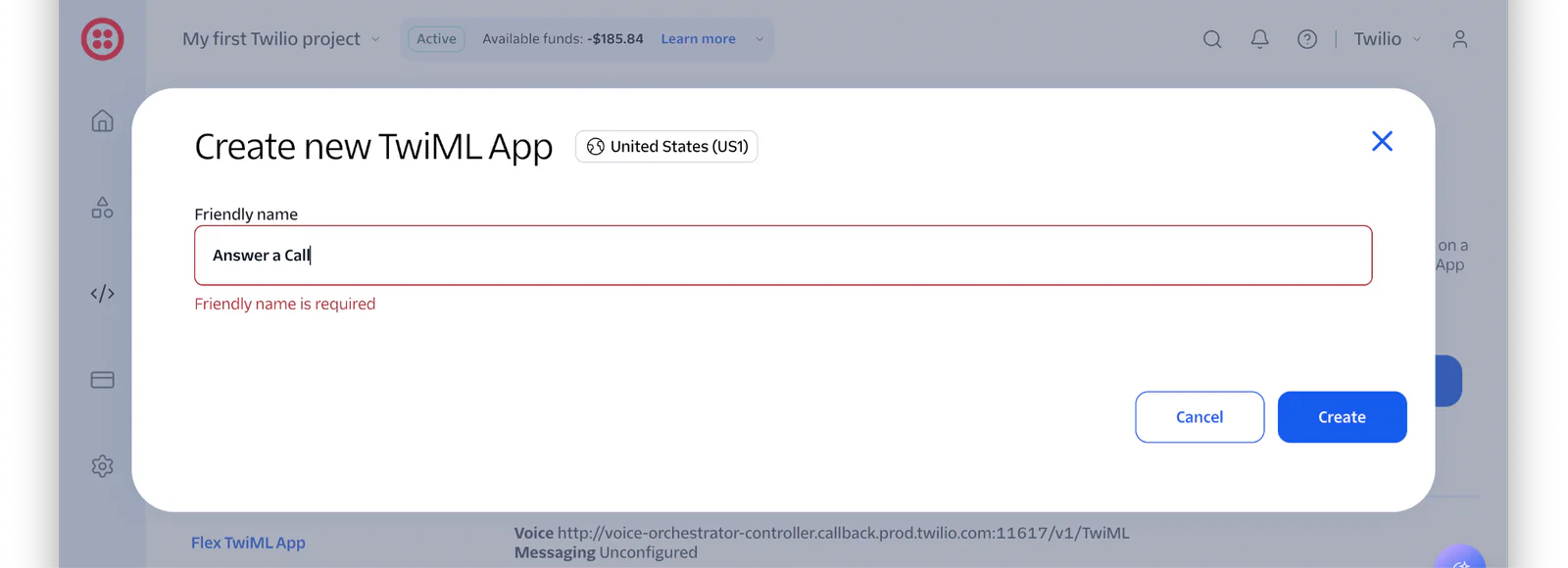 The Create new TwiML App dialog in the Twilio Console