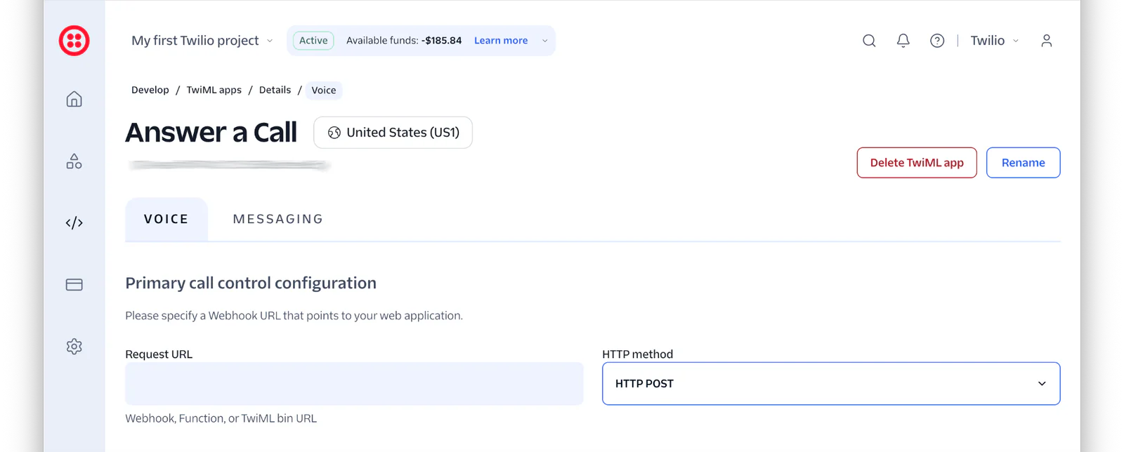 Shows the configuration details of a TwiML app in the Twilio Console