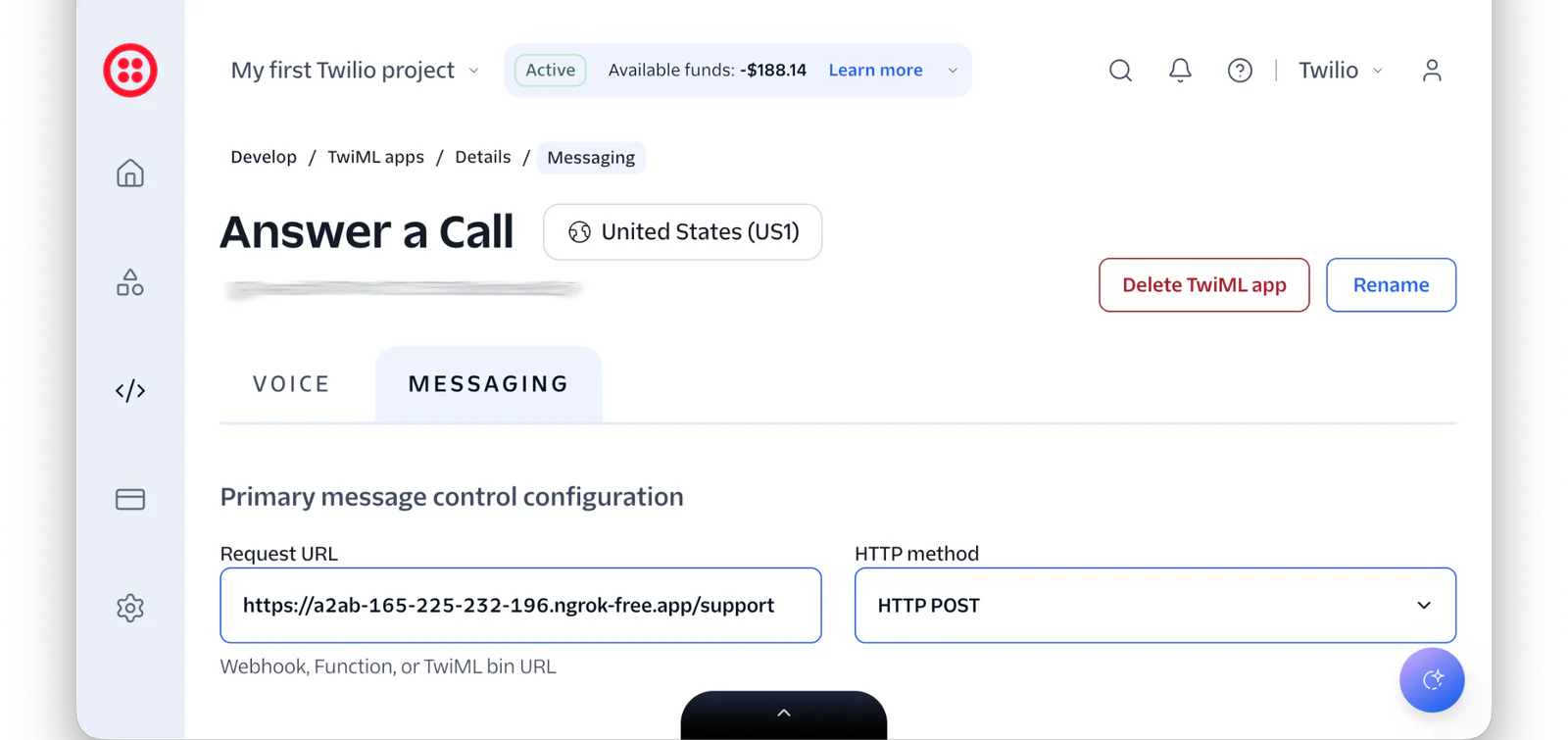 Twilio portal showing messaging settings for a project with fields for request URL and HTTP method.