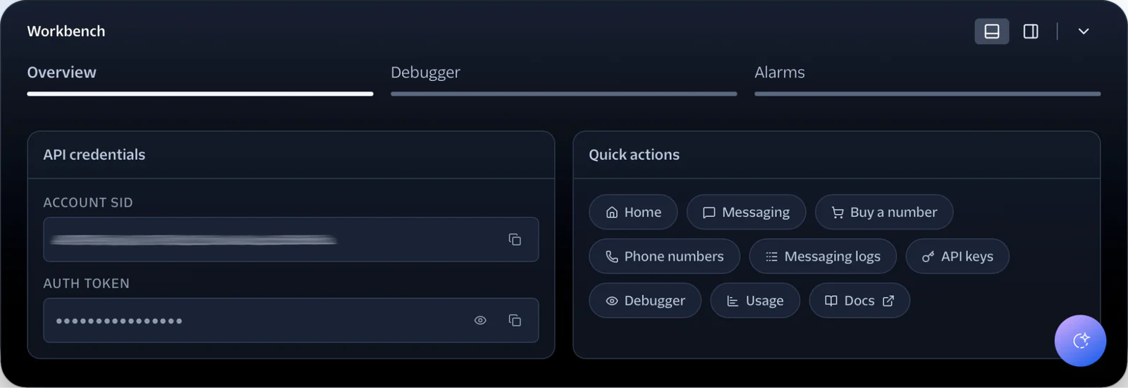 The Twilio Console with the Workbench visible, showing the redacted Account SID and Auth Token.