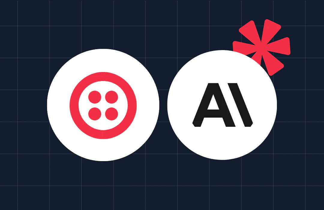 Twilio and OpenAI logos side by side on a dark grid background with a red asterisk symbol.