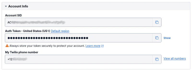 Twilio account details showing Account SID, Auth Token, and phone number. Screenshot of Account Information on Twilio dashboard containing Account SID, Auth Token and Twilio phone number