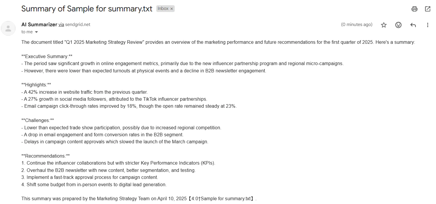 sample summary email