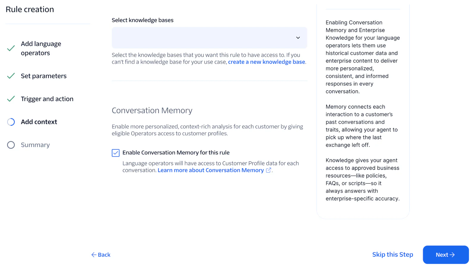 Screenshot of rule creation interface with options for language operators, setting parameters, and adding context.