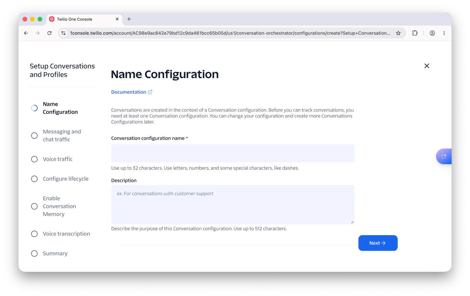 Twilio setup screen showing the Name Configuration step with fields for Conversation name and description.