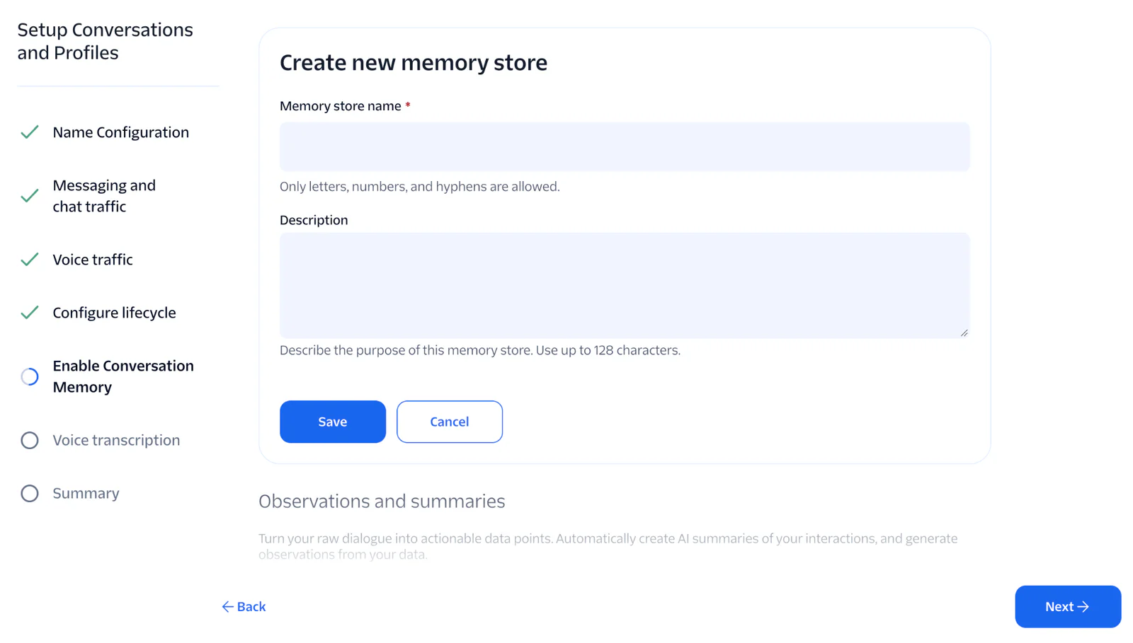 Interface screen for creating a new memory store with fields for name and description, and buttons for Save and Cancel.