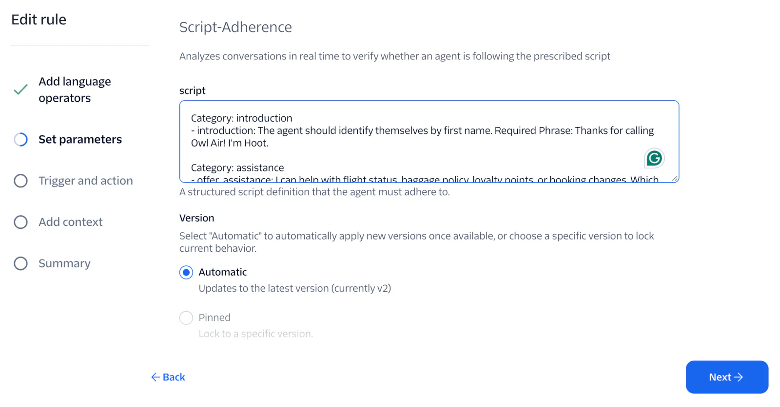 Screen showing settings for script adherence rules in a customer service platform, with options to add language operators.