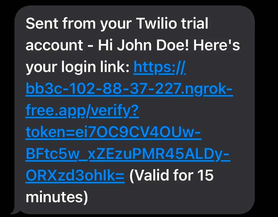 Image displaying the magic link sent to the phone number entered on the form.