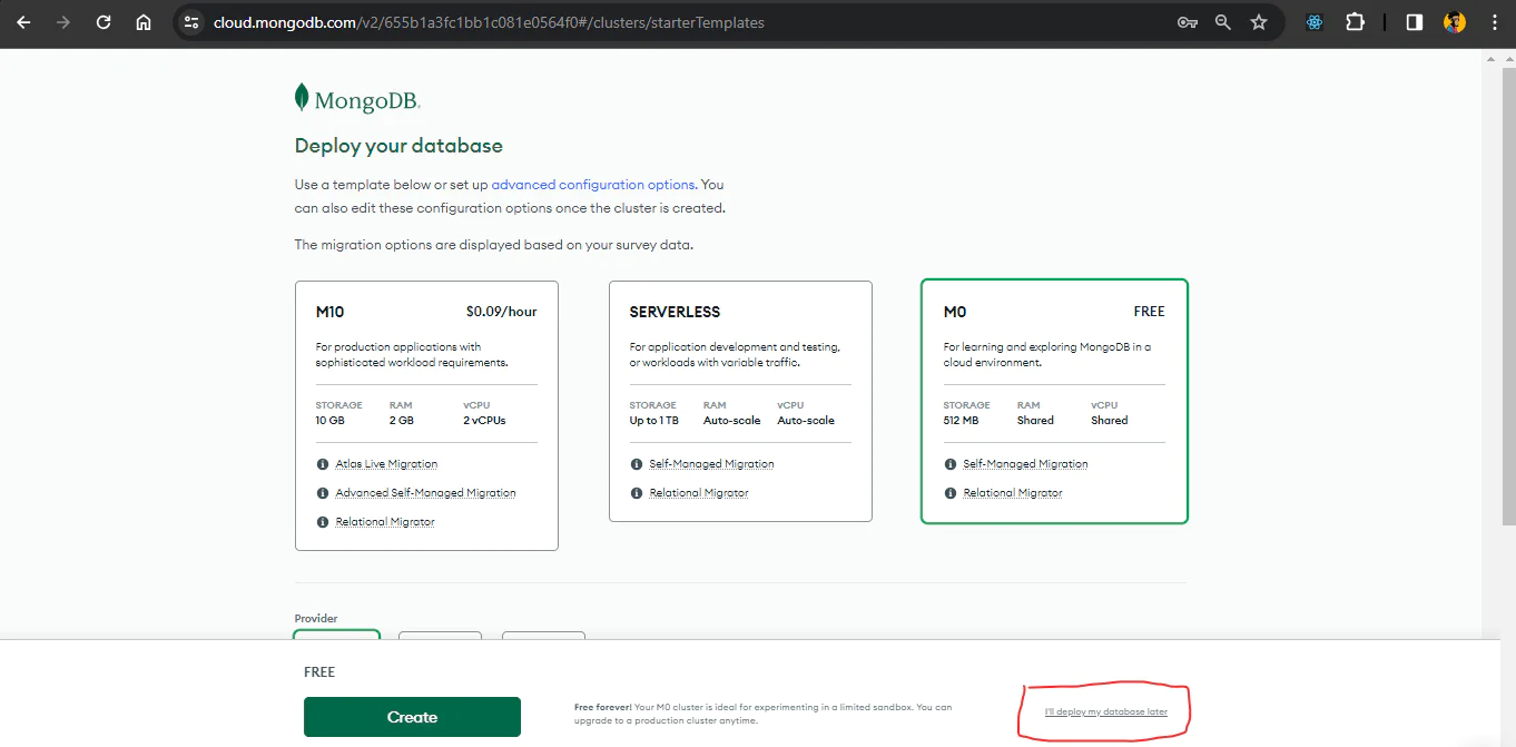 An image showing MongoDB Atlas tiers while creating account.