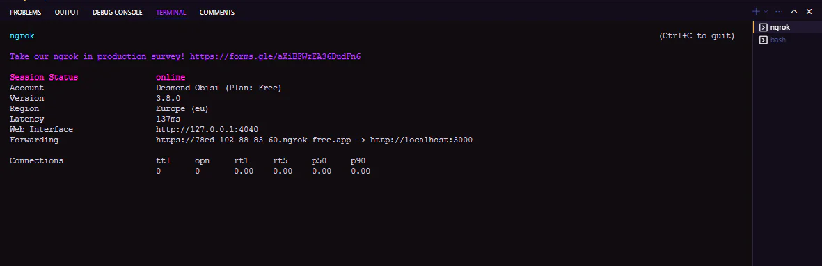 Console after executing ngrok command Console after executing ngrok command