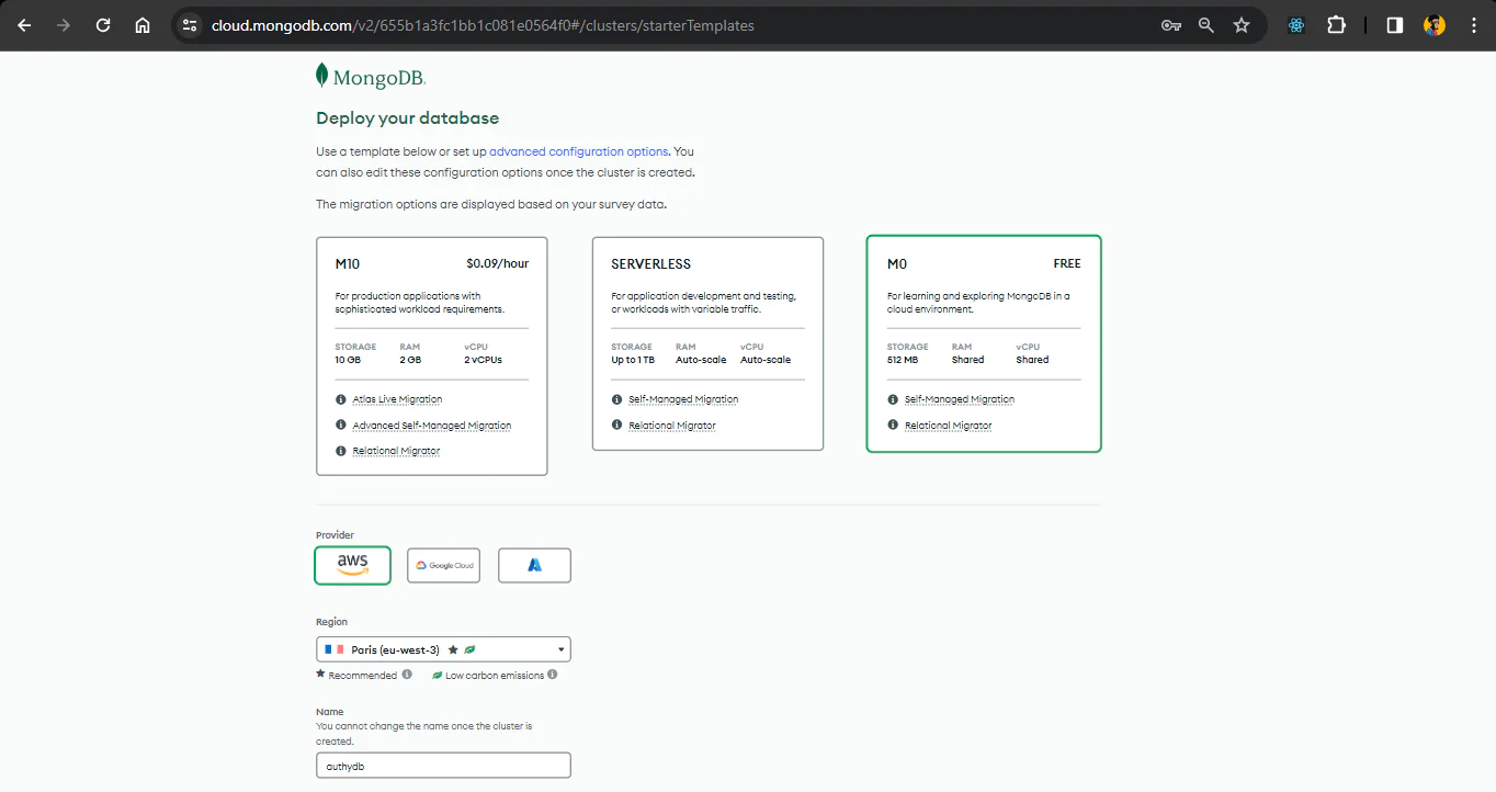 MongoDB Atlas configuration screen where you select configurations for your cluster.