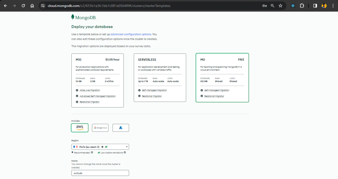 MongoDB Atlas configuration screen where you select configurations for your cluster. MongoDB Atlas configuration screen where you select configurations for your cluster.