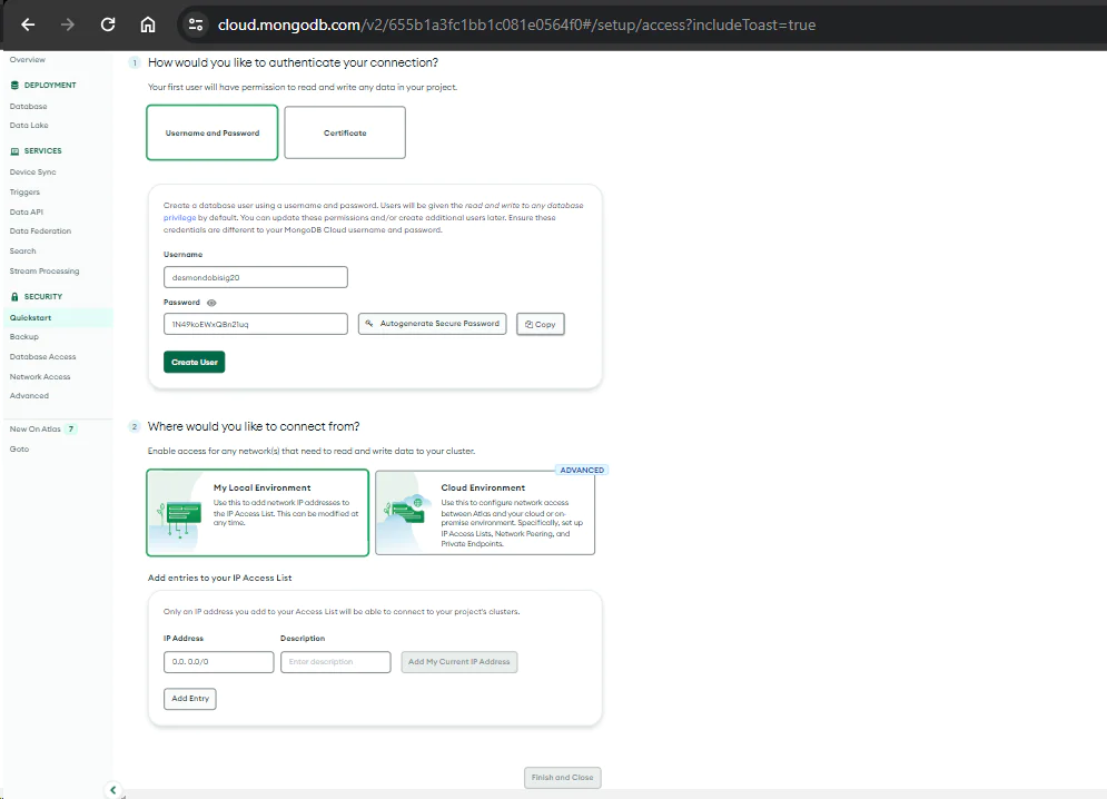 MongoDB Atlas configuration where you choose authentication type and set the credentials.