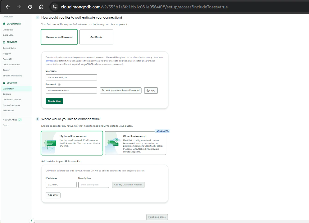 MongoDB Atlas configuration where you choose authentication type and set the credentials. MongoDB Atlas configuration where you choose authentication type and set the credentials.