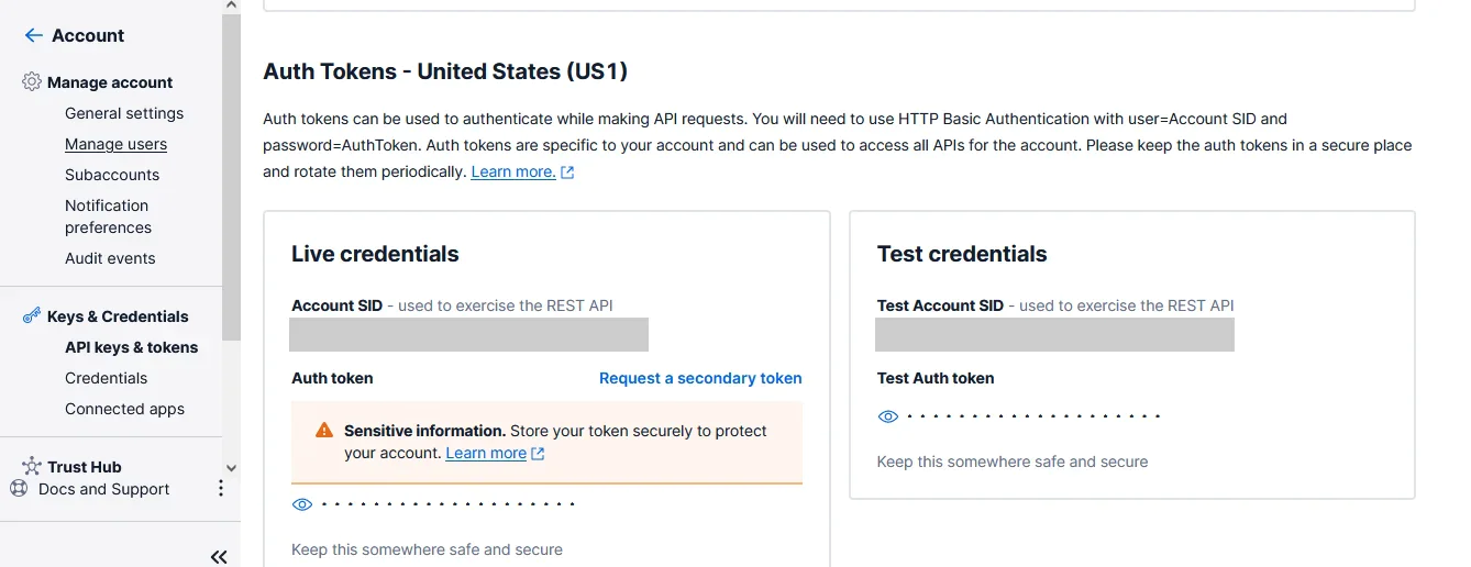This photo shows the API keys from Twilio console This photo shows the API keys from Twilio console