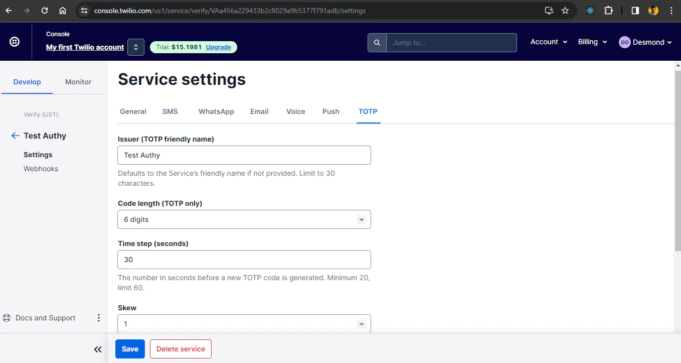 Setting the service configurations from the console Setting the service configurations from the console