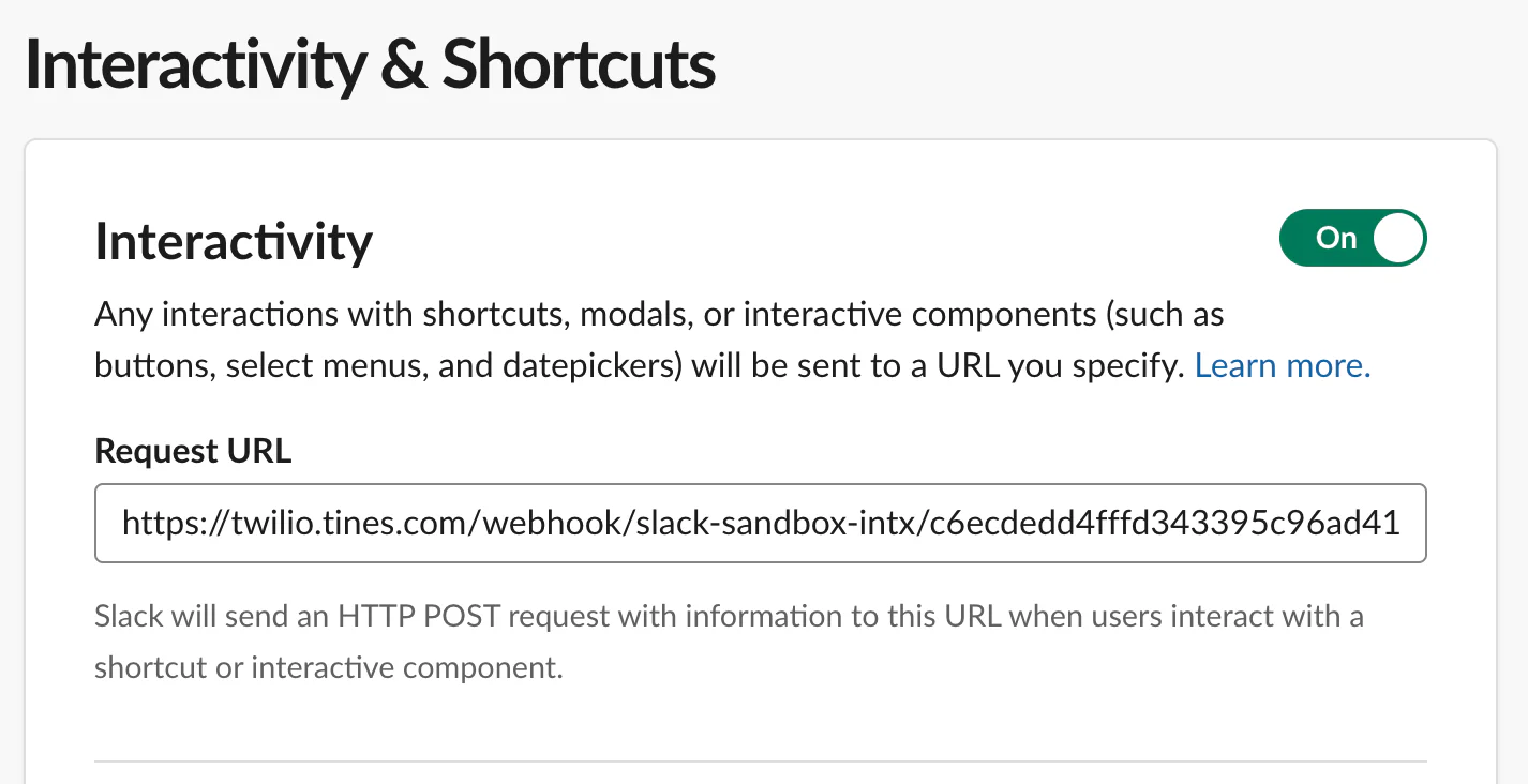 Slack interactivity and shortcuts settings with a Request URL field and switch toggle.