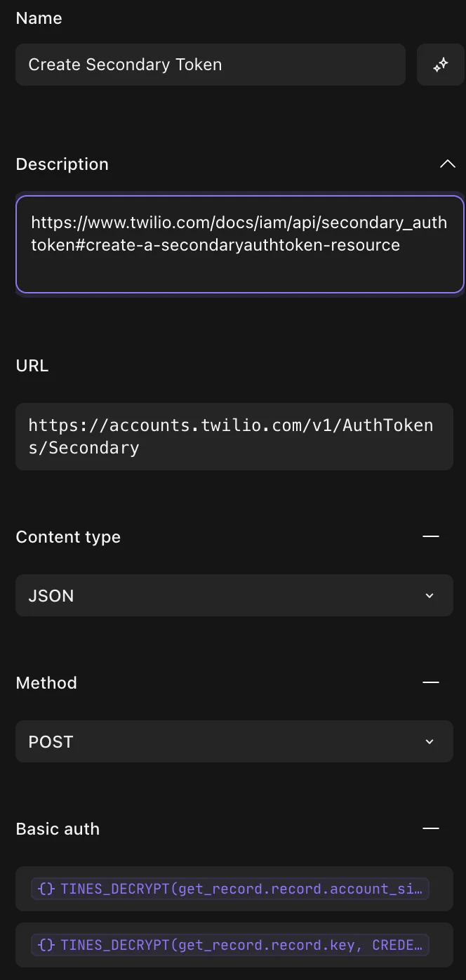 Image of a form input interface for creating a secondary authentication token with required fields.