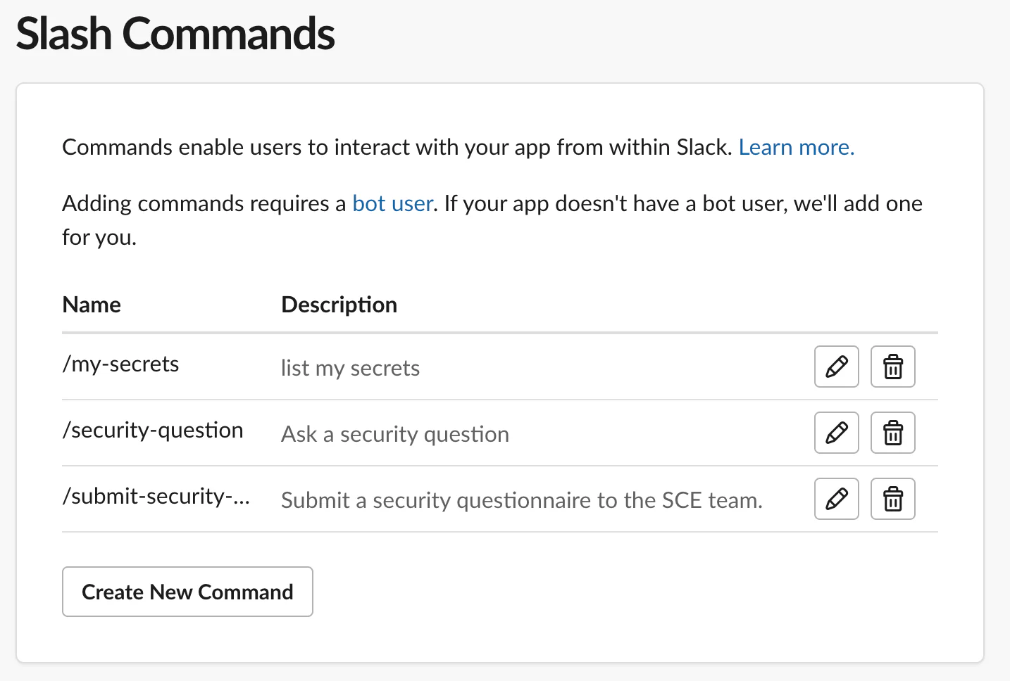 Screenshot of Slack slash commands settings with options to add, edit, or delete commands.