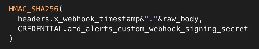 Code snippet showcasing HMAC_SHA256 function with webhook timestamp and signing secret.