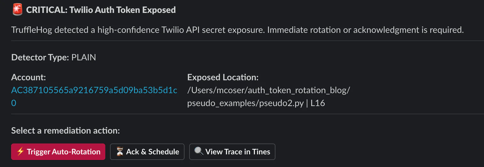 Critical alert showing Twilio Auth Token exposure with options for auto-rotation, acknowledgement, and trace view.