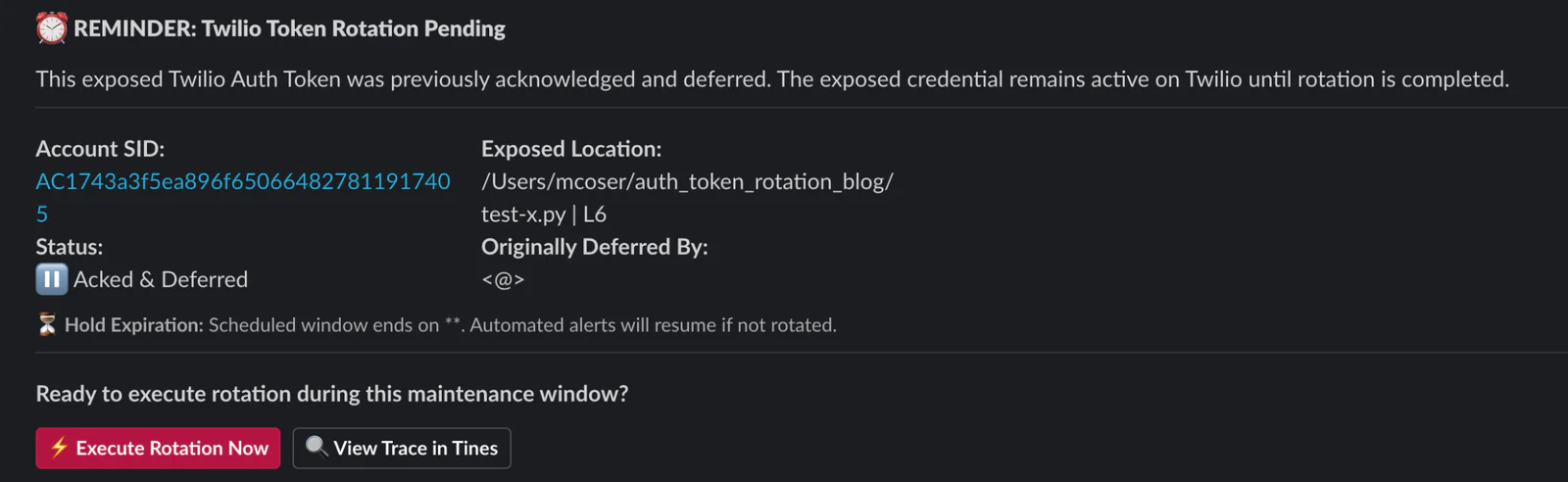 Reminder for Twilio token rotation with details on the action, account, and status of the rotation process.