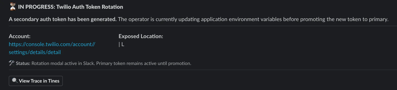 Twilio interface showing token rotation with secondary token being promoted to primary.
