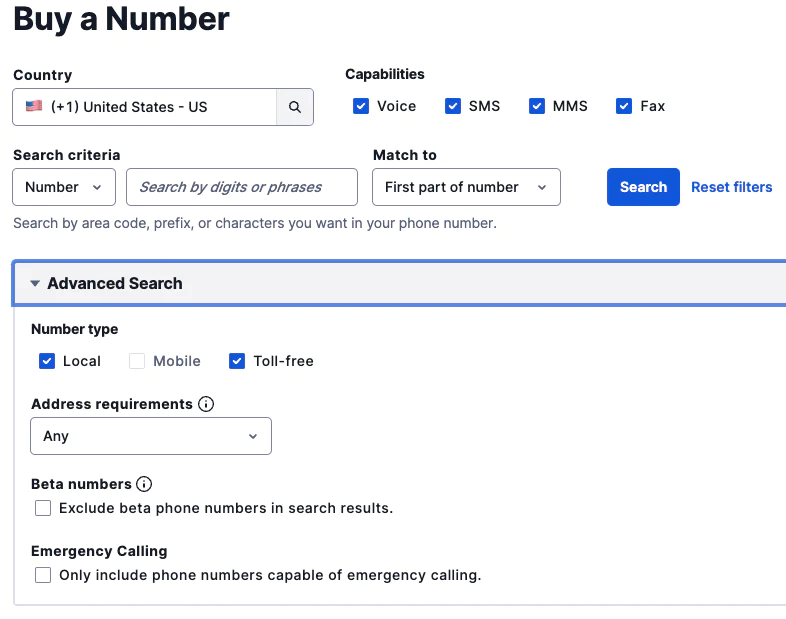 This image shows the "buy a number" interface on Twilio's web site. This image shows the "buy a number" interface on Twilio's web site.