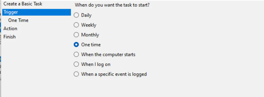 Setting up a one-time Trigger to run your task. Setting up a one-time Trigger to run your task.