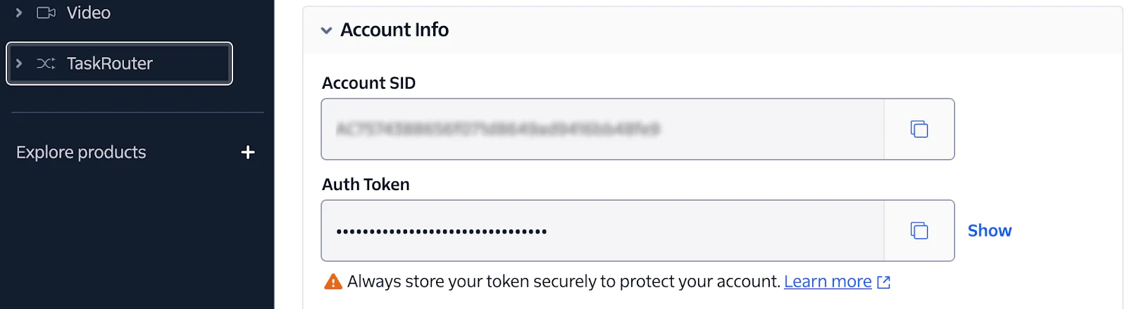 Account Info section showing Account SID and Auth Token fields with a blurred SID and hidden Auth Token. Twilio credentials