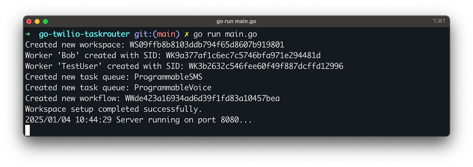 Terminal output from running a Go program displaying workspace, worker, task queue, and port information. Running the application