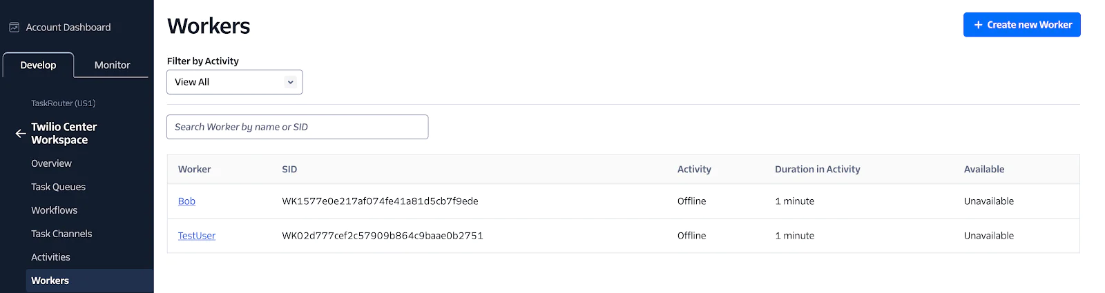 Twilio dashboard showing two workers, their SID, activity status, duration, and availability. View workers availability status