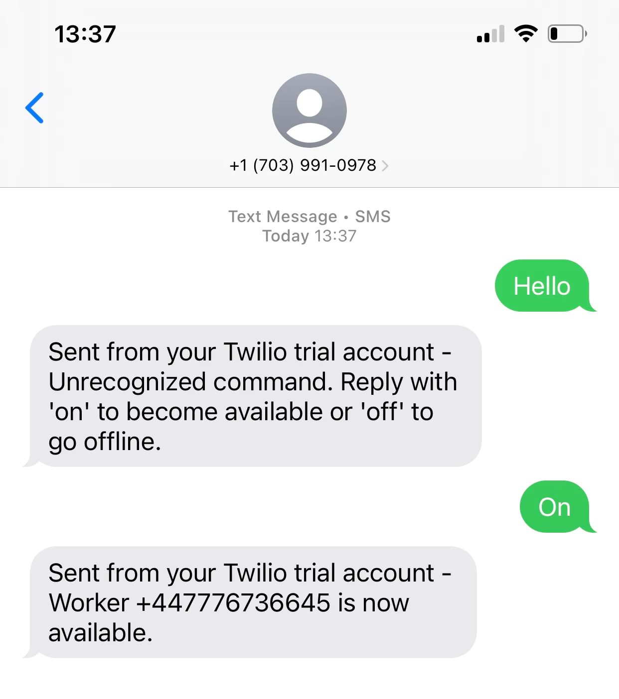 SMS conversation with automated responses from Twilio trial account, including commands 'on' and 'Hello'. Change worker availability