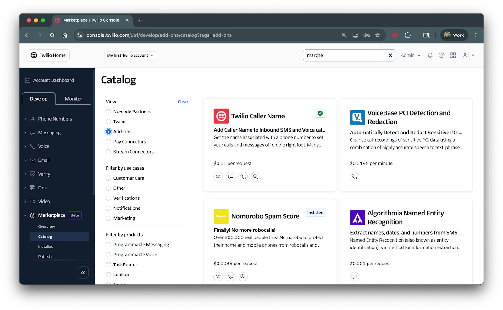 Twilio Console catalog showing various add-ons such as Twilio Caller Name and Nomorobo Spam Score.
