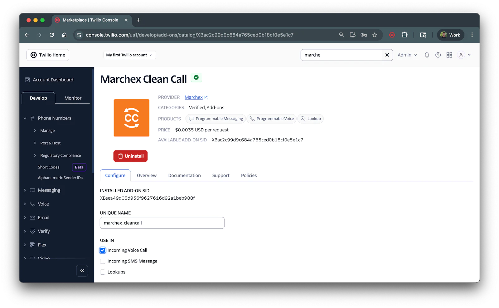 Twilio Console page displaying the Marchex Clean Call add-on with installation and configuration details.