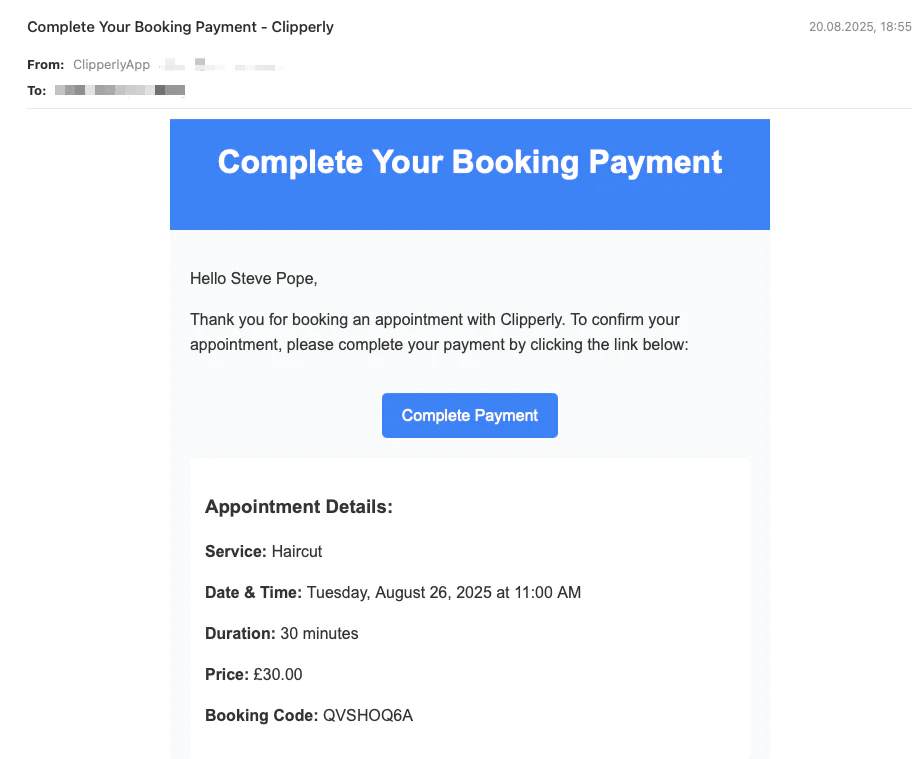 Screenshot of an email from Clipperly asking to complete a booking payment for a haircut appointment.