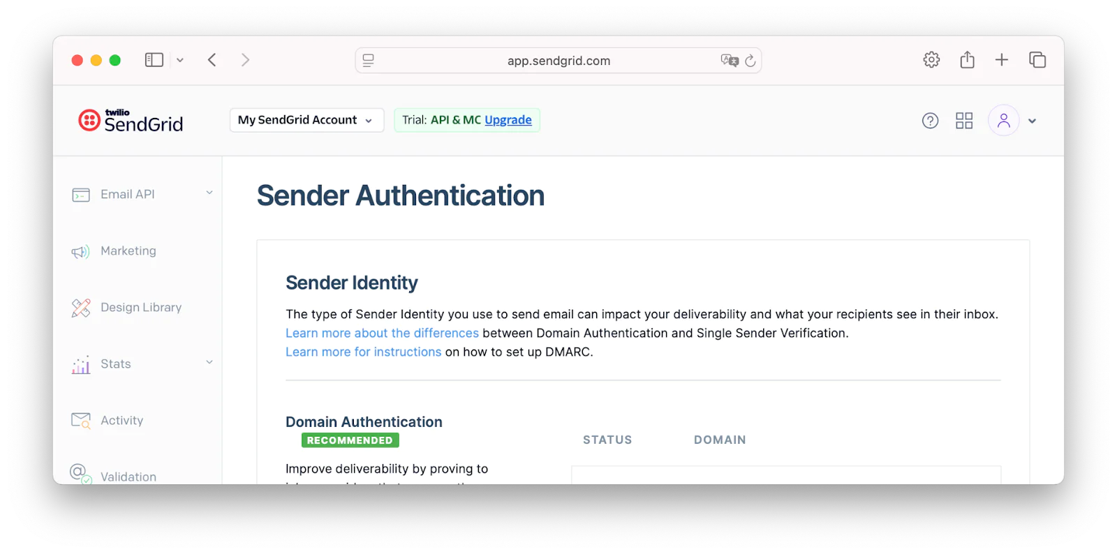 Screenshot of SendGrid's Sender Authentication settings page showing Domain Authentication options.